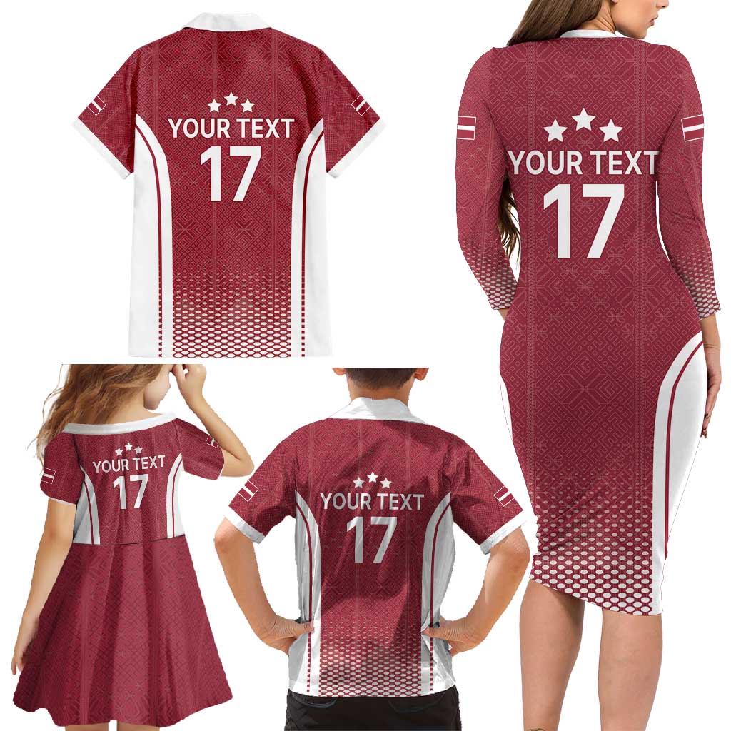 Latvia Basketball Custom Family Matching Long Sleeve Bodycon Dress and Hawaiian Shirt Red Latvian Pattern
