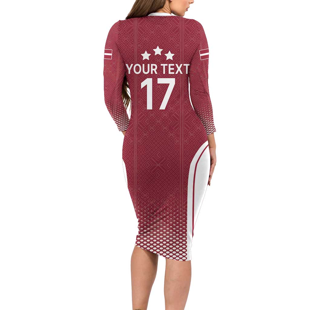 Latvia Basketball Custom Family Matching Long Sleeve Bodycon Dress and Hawaiian Shirt Red Latvian Pattern
