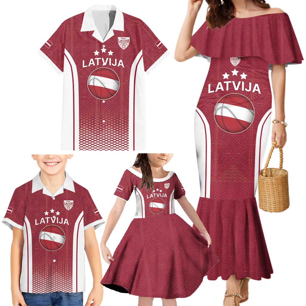 Latvia Basketball Custom Family Matching Mermaid Dress and Hawaiian Shirt Red Latvian Pattern