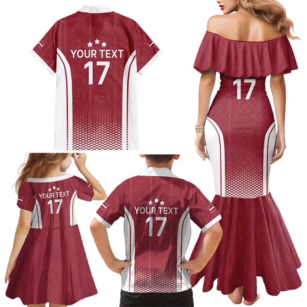 Latvia Basketball Custom Family Matching Mermaid Dress and Hawaiian Shirt Red Latvian Pattern