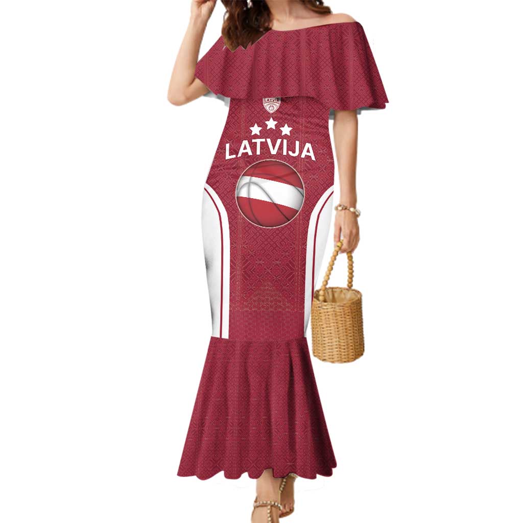 Latvia Basketball Custom Family Matching Mermaid Dress and Hawaiian Shirt Red Latvian Pattern