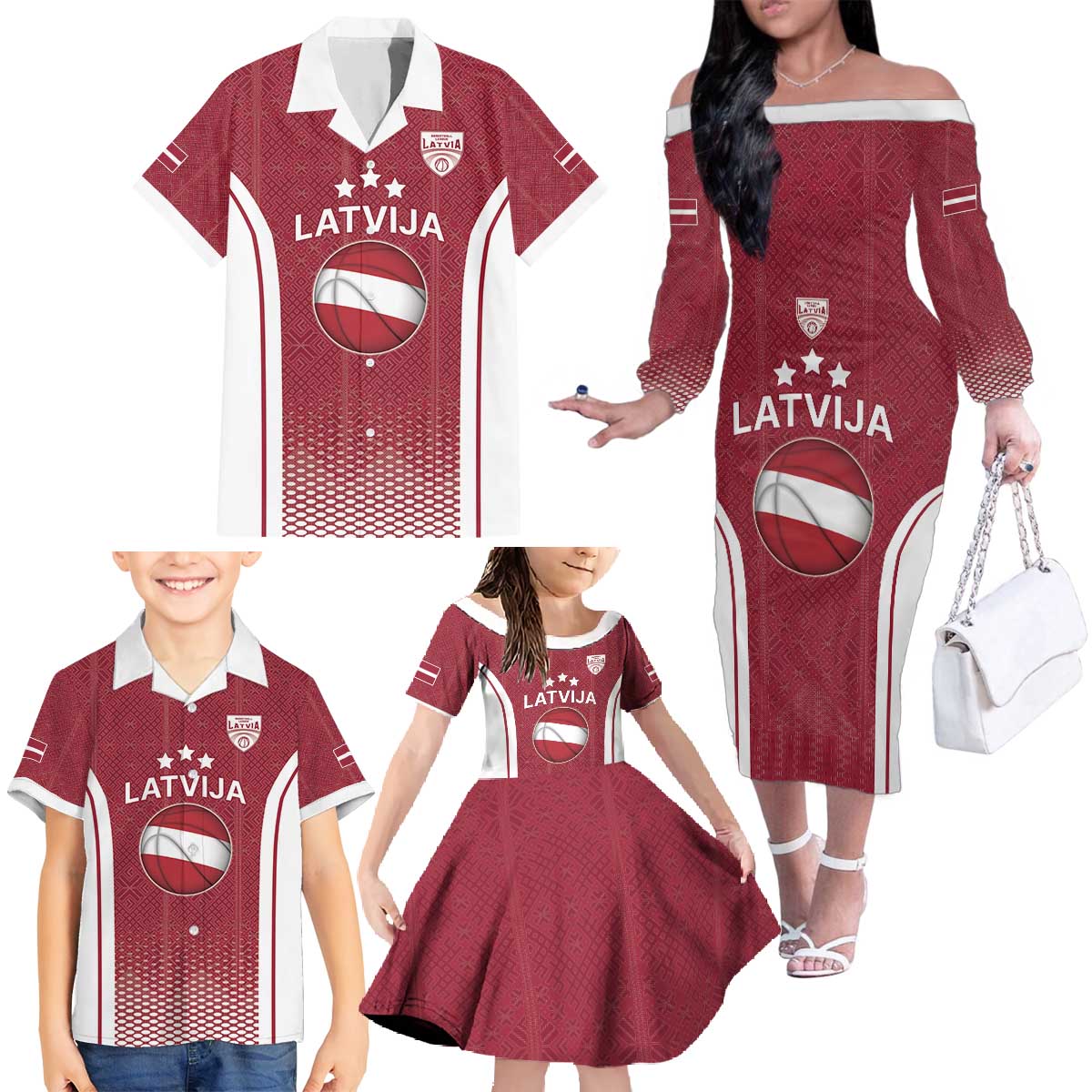 Latvia Basketball Custom Family Matching Off The Shoulder Long Sleeve Dress and Hawaiian Shirt Red Latvian Pattern