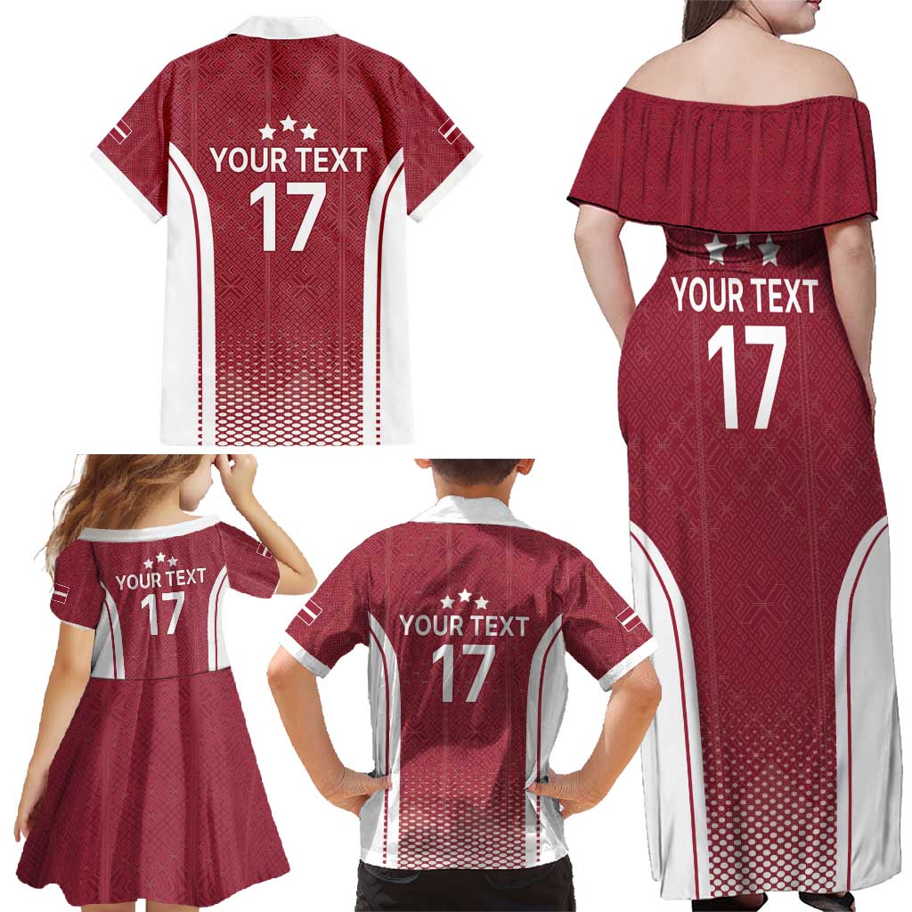 Latvia Basketball Custom Family Matching Off Shoulder Maxi Dress and Hawaiian Shirt Red Latvian Pattern