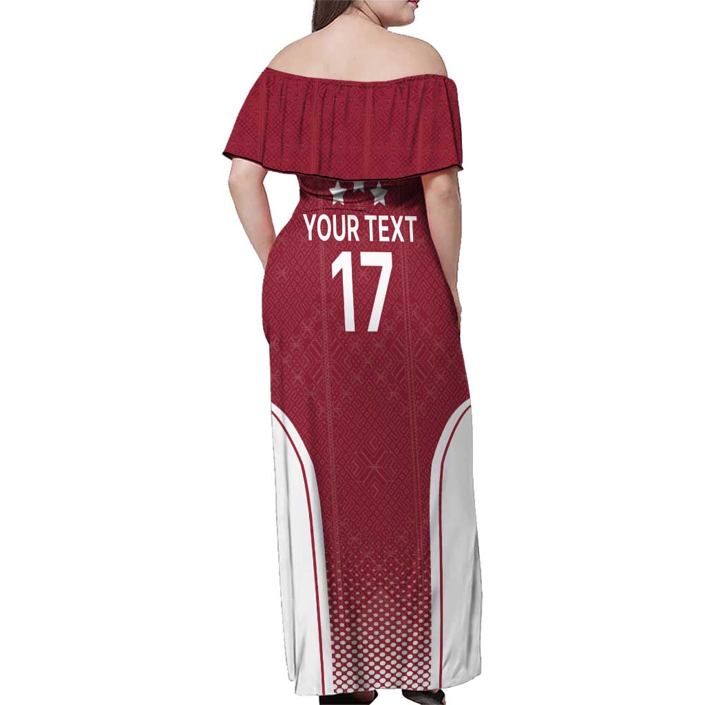 Latvia Basketball Custom Family Matching Off Shoulder Maxi Dress and Hawaiian Shirt Red Latvian Pattern