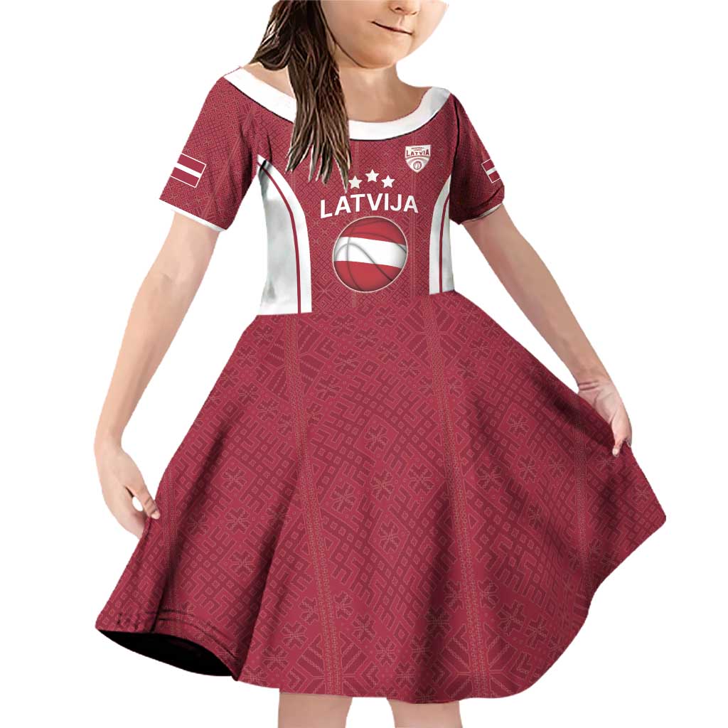 Latvia Basketball Custom Family Matching Off Shoulder Short Dress and Hawaiian Shirt Red Latvian Pattern