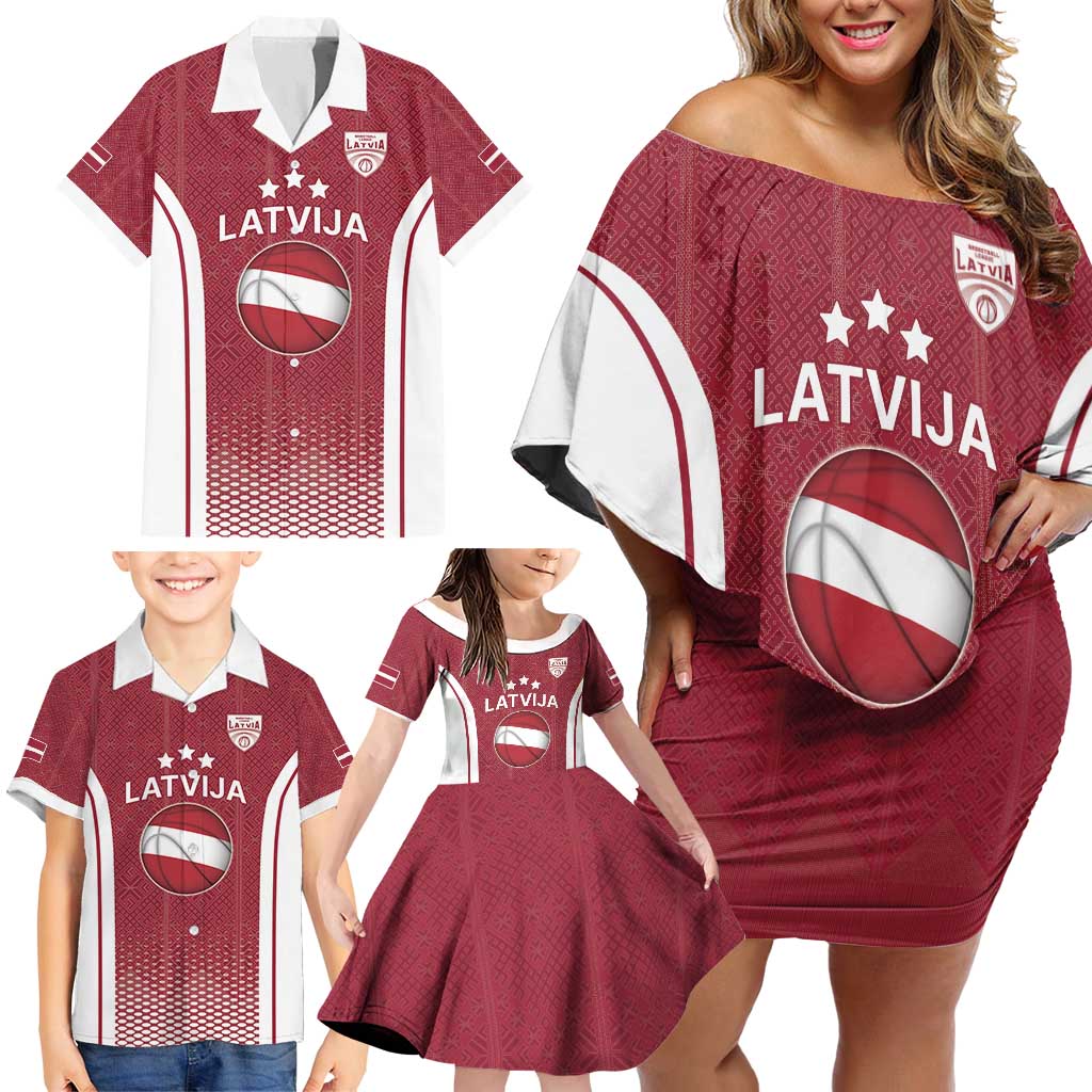 Latvia Basketball Custom Family Matching Off Shoulder Short Dress and Hawaiian Shirt Red Latvian Pattern