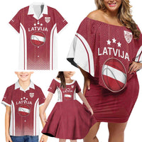 Latvia Basketball Custom Family Matching Off Shoulder Short Dress and Hawaiian Shirt Red Latvian Pattern