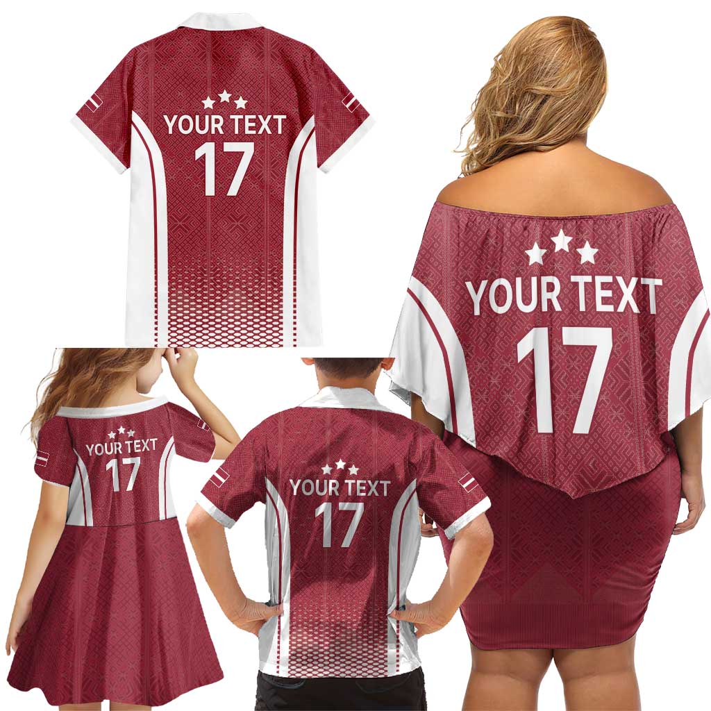Latvia Basketball Custom Family Matching Off Shoulder Short Dress and Hawaiian Shirt Red Latvian Pattern