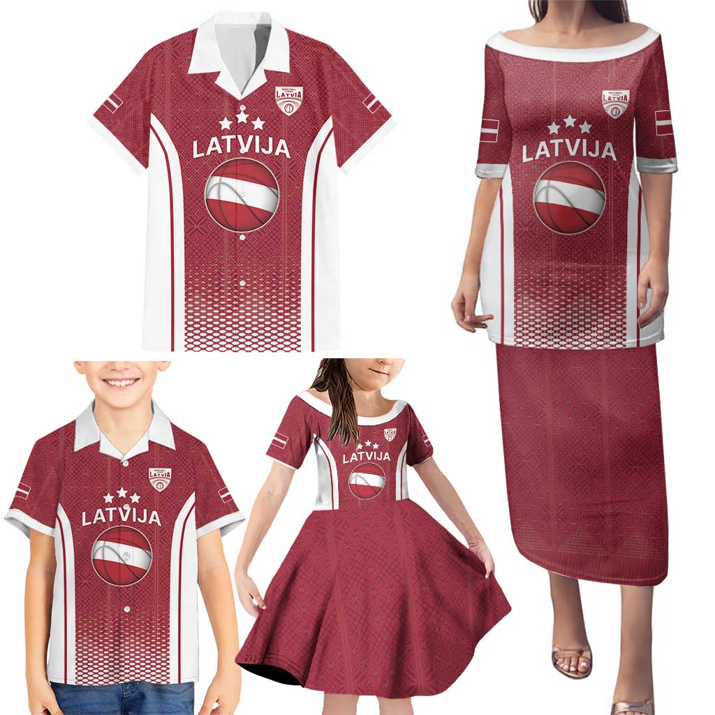 Latvia Basketball Custom Family Matching Puletasi and Hawaiian Shirt Red Latvian Pattern