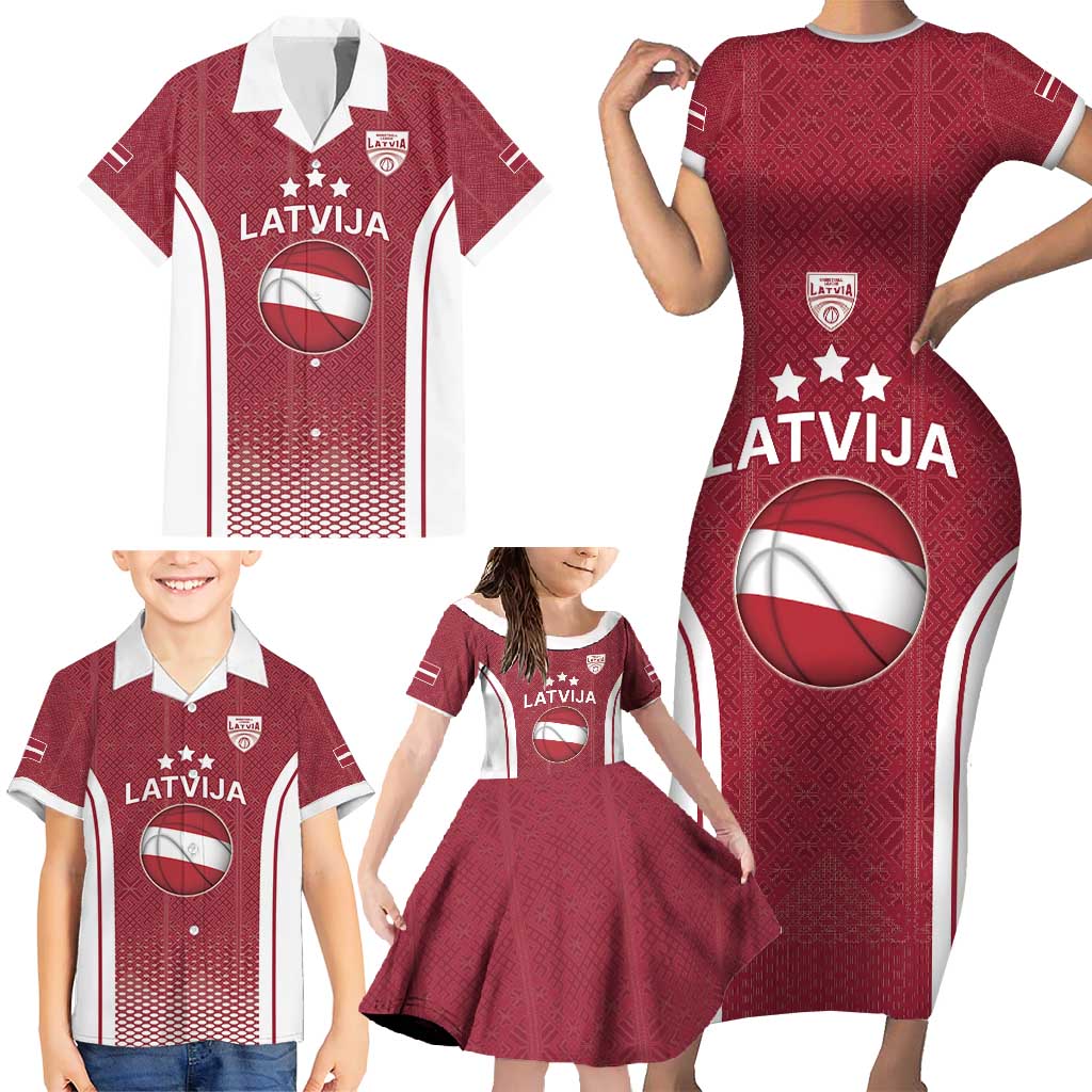 Latvia Basketball Custom Family Matching Short Sleeve Bodycon Dress and Hawaiian Shirt Red Latvian Pattern