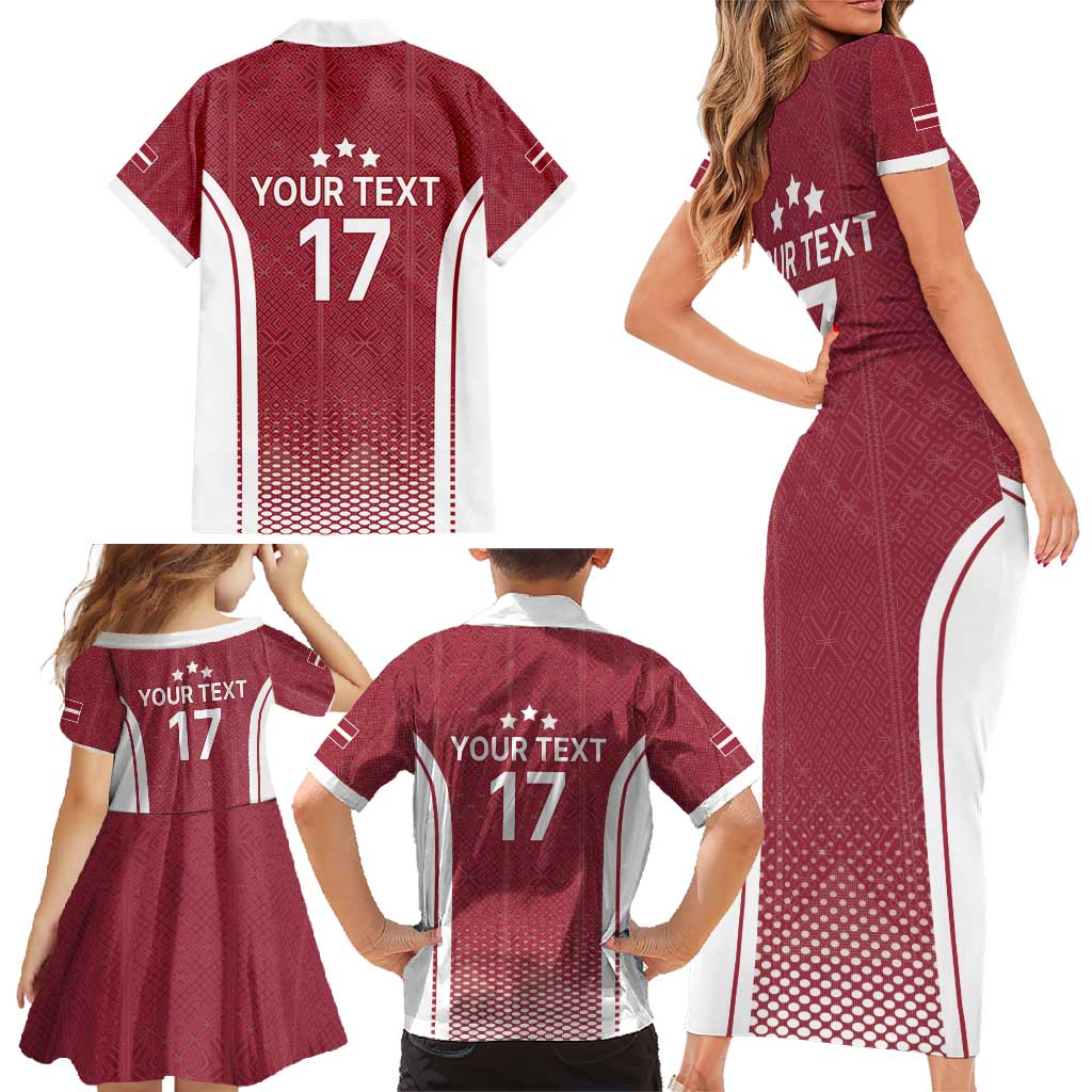 Latvia Basketball Custom Family Matching Short Sleeve Bodycon Dress and Hawaiian Shirt Red Latvian Pattern