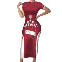 Latvia Basketball Custom Family Matching Short Sleeve Bodycon Dress and Hawaiian Shirt Red Latvian Pattern