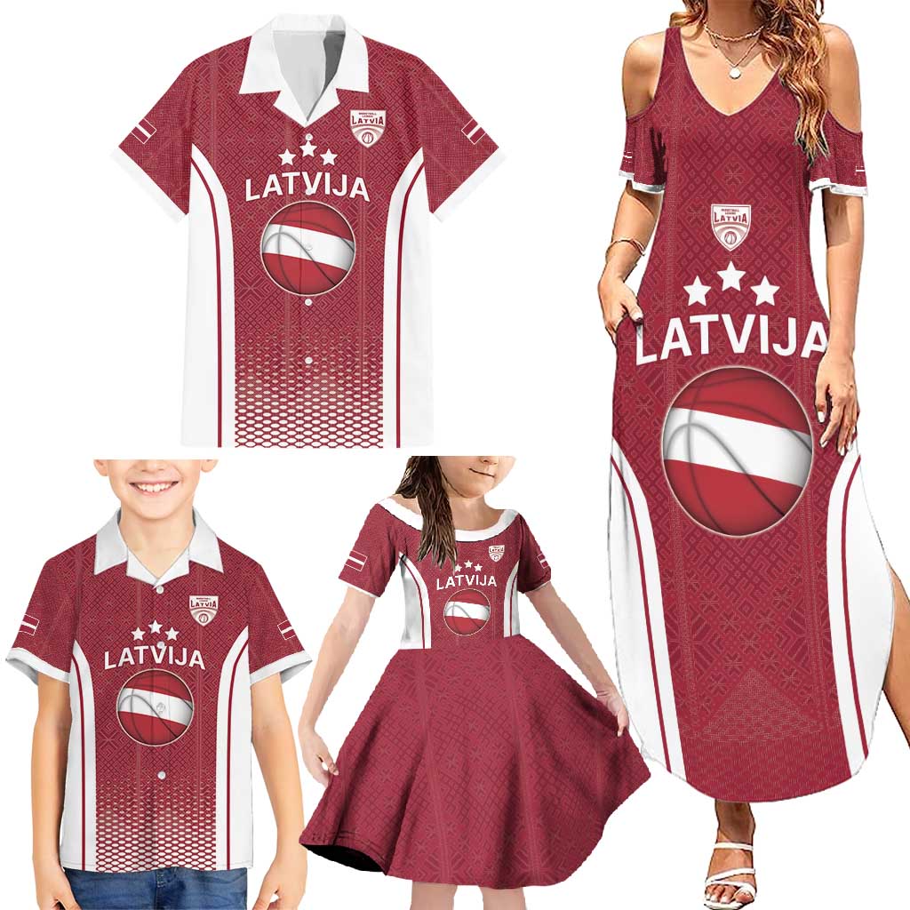 Latvia Basketball Custom Family Matching Summer Maxi Dress and Hawaiian Shirt Red Latvian Pattern