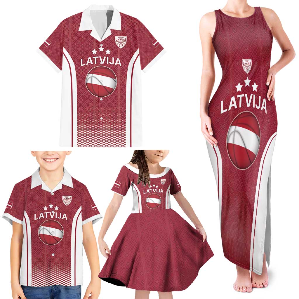 Latvia Basketball Custom Family Matching Tank Maxi Dress and Hawaiian Shirt Red Latvian Pattern