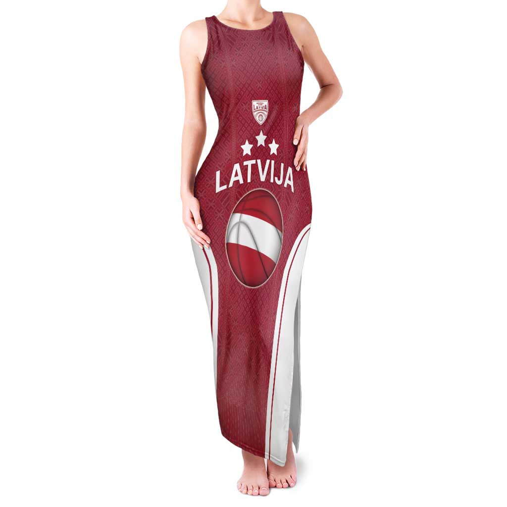 Latvia Basketball Custom Family Matching Tank Maxi Dress and Hawaiian Shirt Red Latvian Pattern