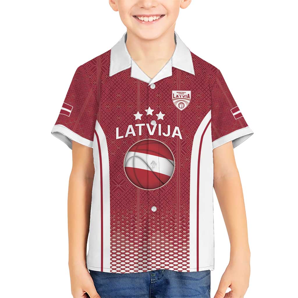 Latvia Basketball Custom Kid Hawaiian Shirt Red Latvian Pattern