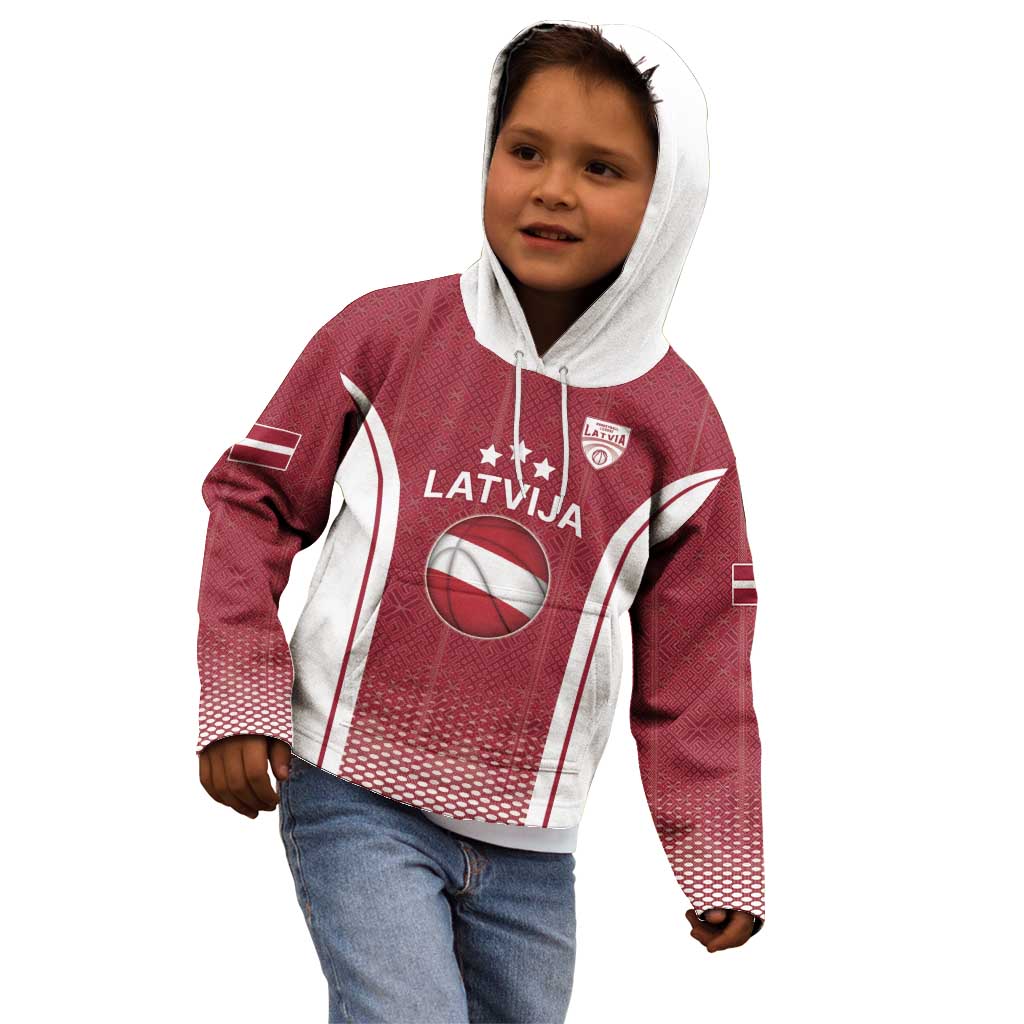 Latvia Basketball Custom Kid Hoodie Red Latvian Pattern