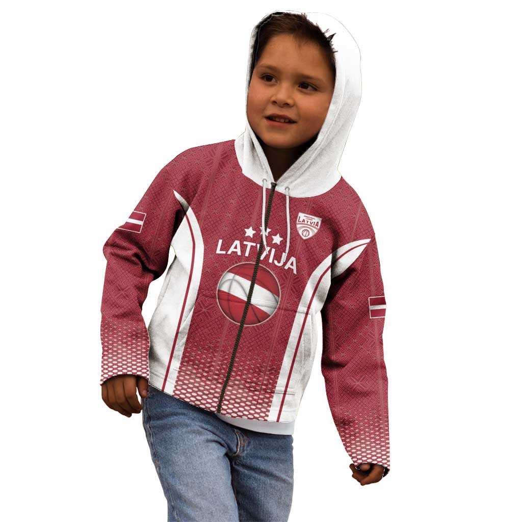 Latvia Basketball Custom Kid Hoodie Red Latvian Pattern