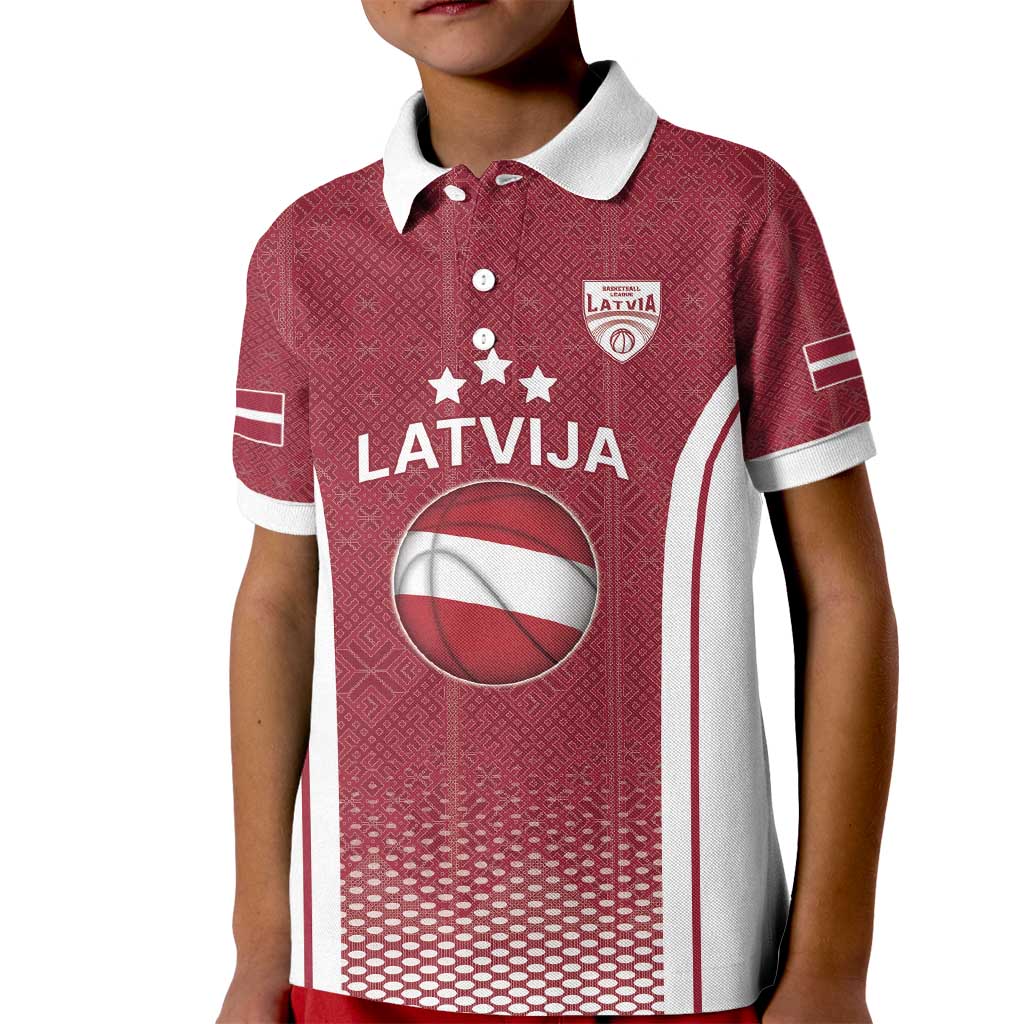 Latvia Basketball Custom Kid Polo Shirt Red Latvian Pattern