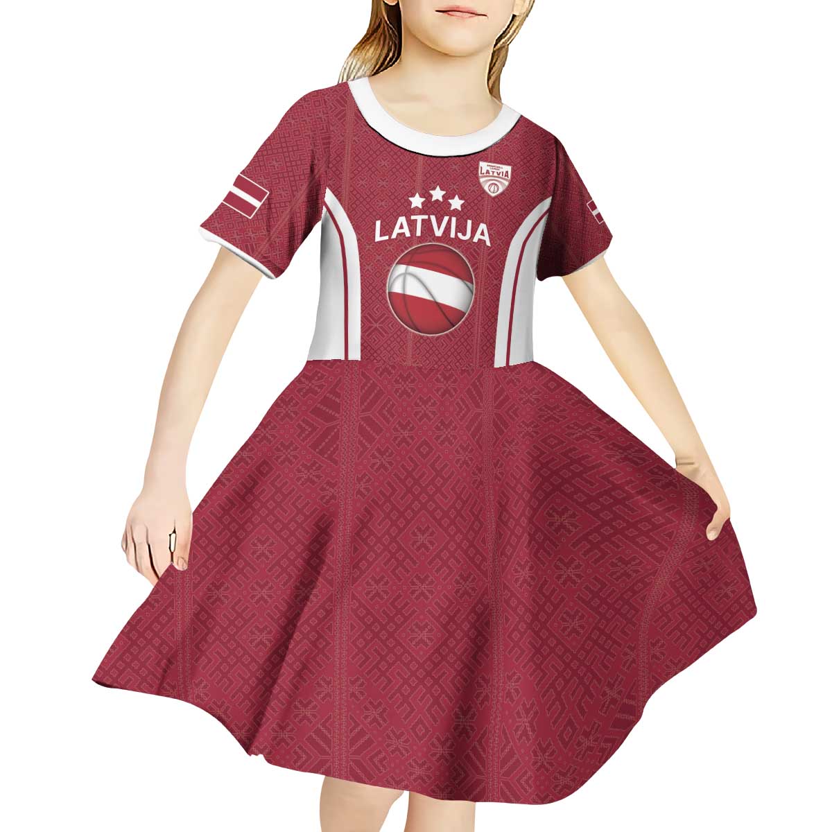 Latvia Basketball Custom Kid Short Sleeve Dress Red Latvian Pattern