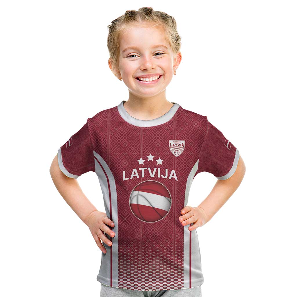 Latvia Basketball Custom Kid T Shirt Red Latvian Pattern