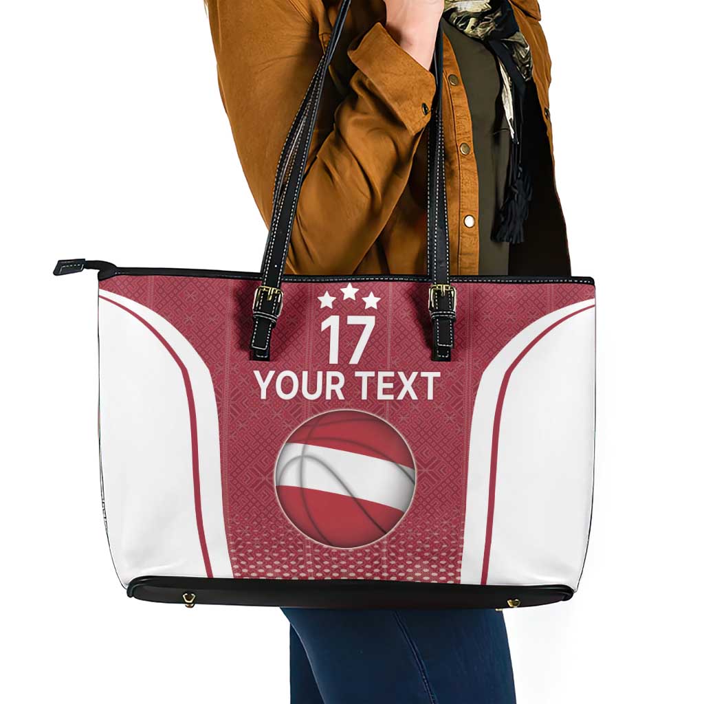 Latvia Basketball Custom Leather Tote Bag Red Latvian Pattern