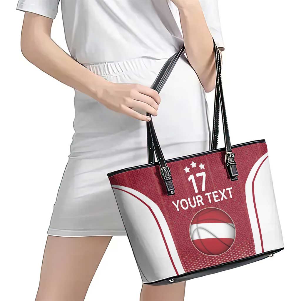 Latvia Basketball Custom Leather Tote Bag Red Latvian Pattern