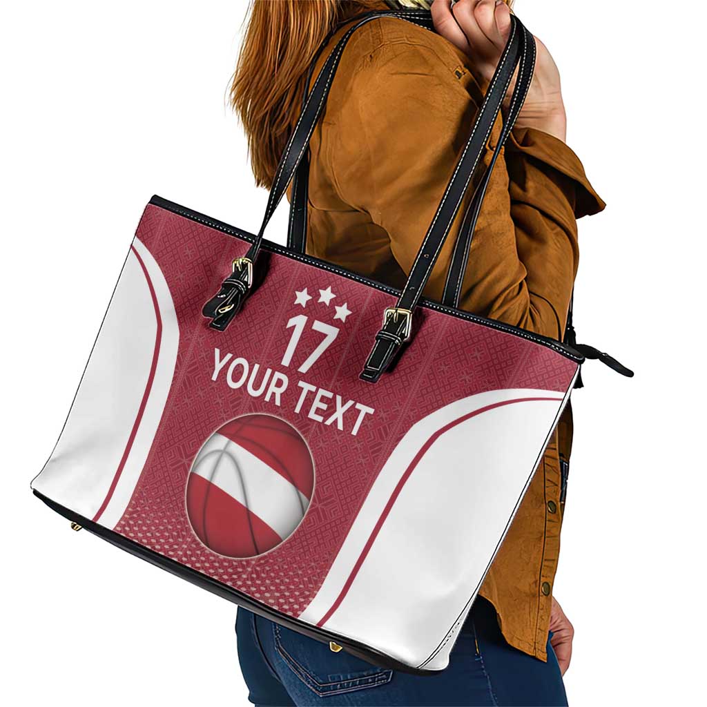 Latvia Basketball Custom Leather Tote Bag Red Latvian Pattern