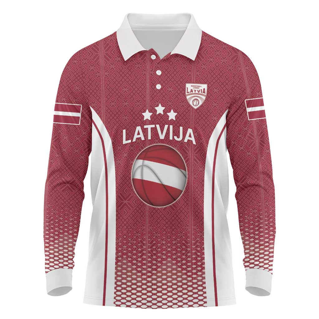 Latvia Basketball Custom Long Sleeve Polo Shirt Red Latvian Pattern