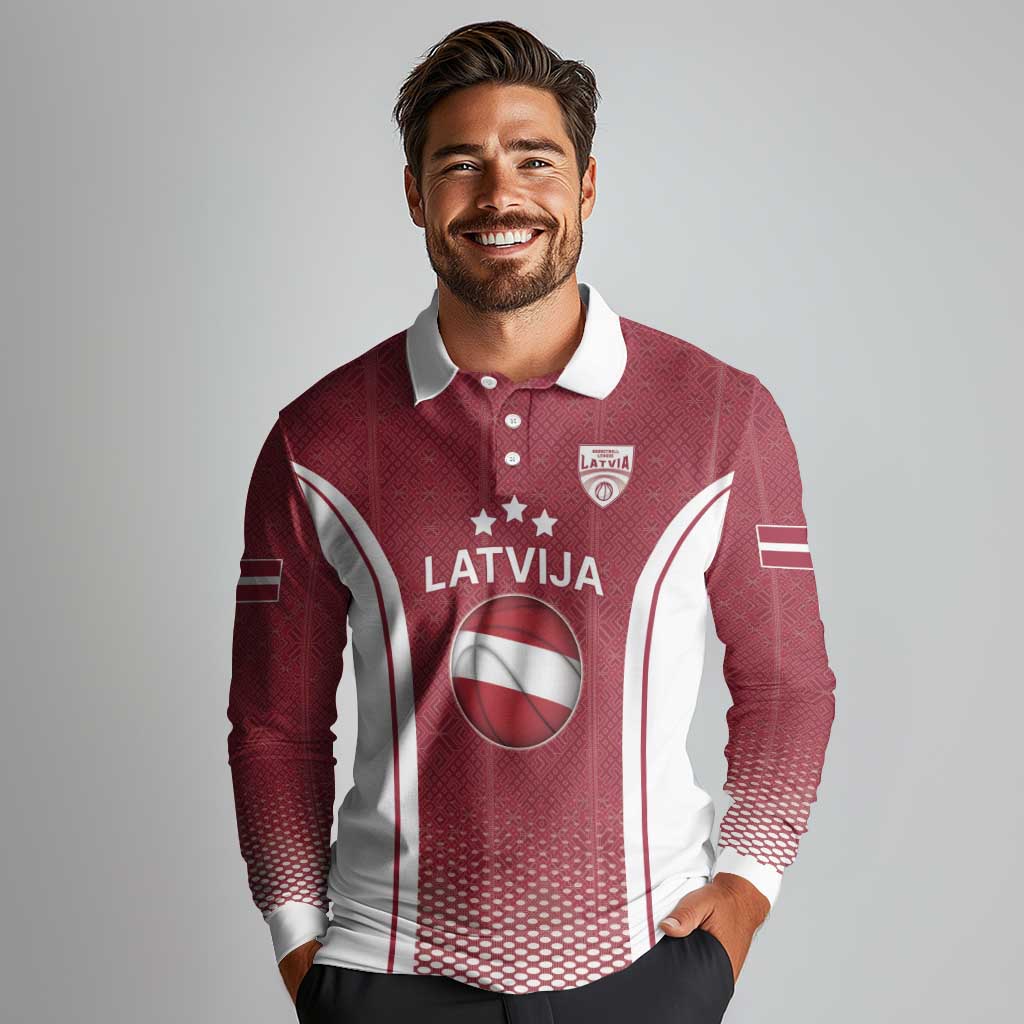 Latvia Basketball Custom Long Sleeve Polo Shirt Red Latvian Pattern