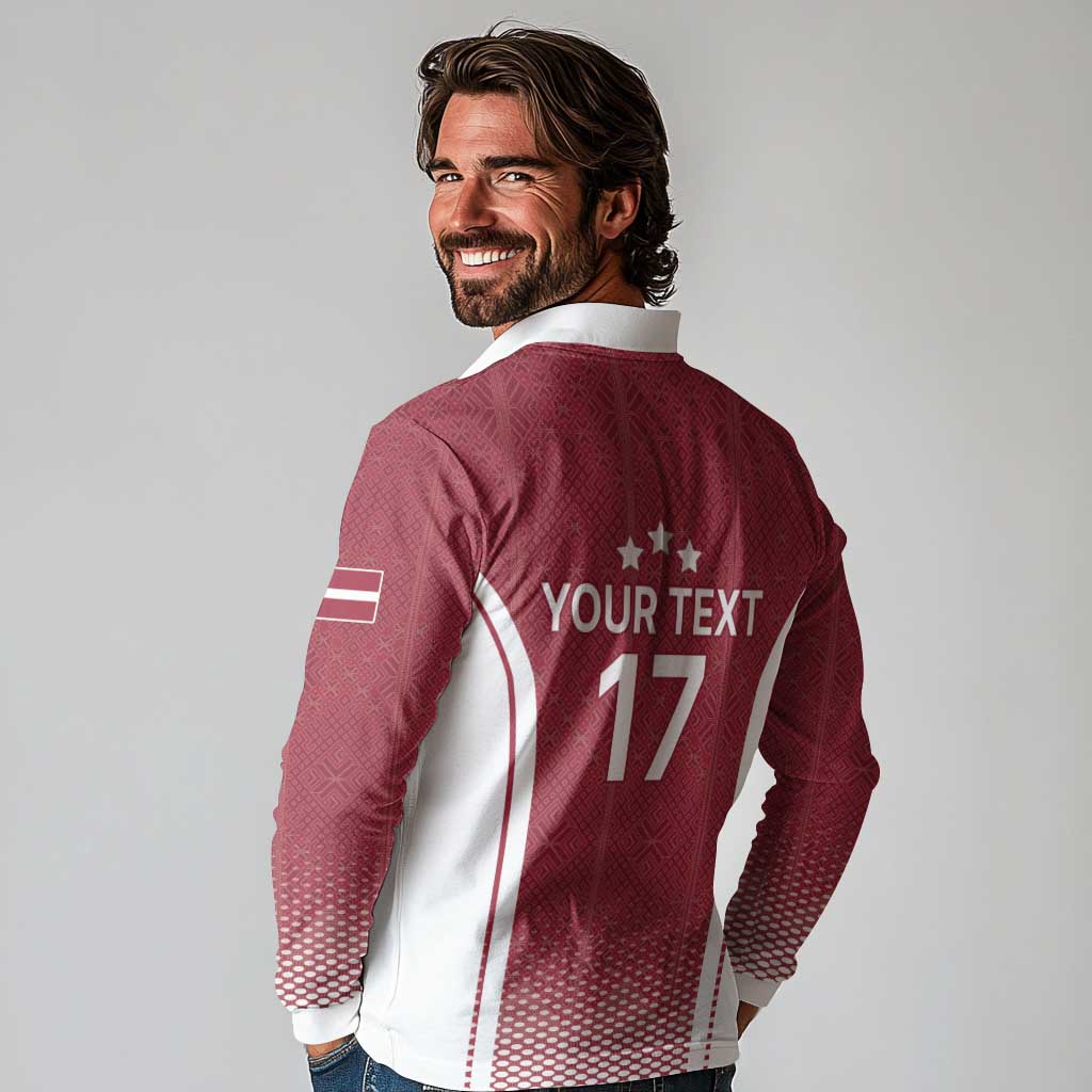 Latvia Basketball Custom Long Sleeve Polo Shirt Red Latvian Pattern