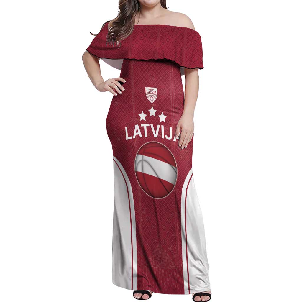 Latvia Basketball Custom Off Shoulder Maxi Dress Red Latvian Pattern