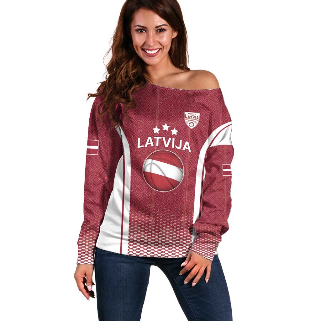 Latvia Basketball Custom Off Shoulder Sweater Red Latvian Pattern