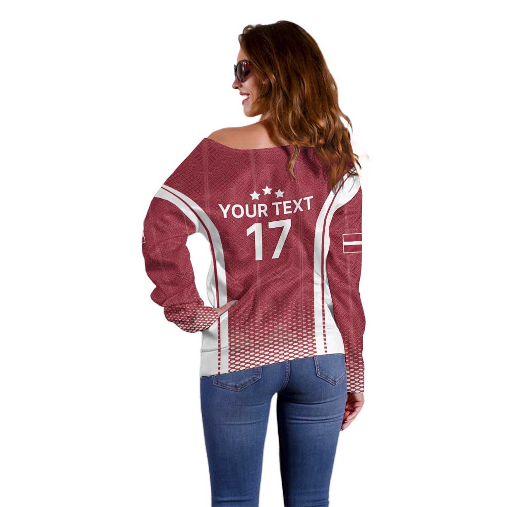Latvia Basketball Custom Off Shoulder Sweater Red Latvian Pattern