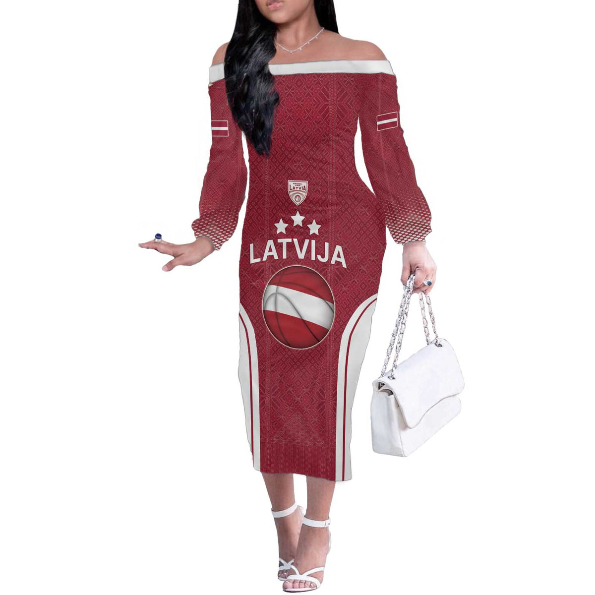 Latvia Basketball Custom Off The Shoulder Long Sleeve Dress Red Latvian Pattern