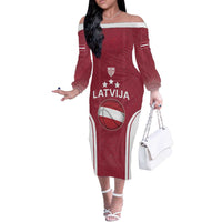 Latvia Basketball Custom Off The Shoulder Long Sleeve Dress Red Latvian Pattern