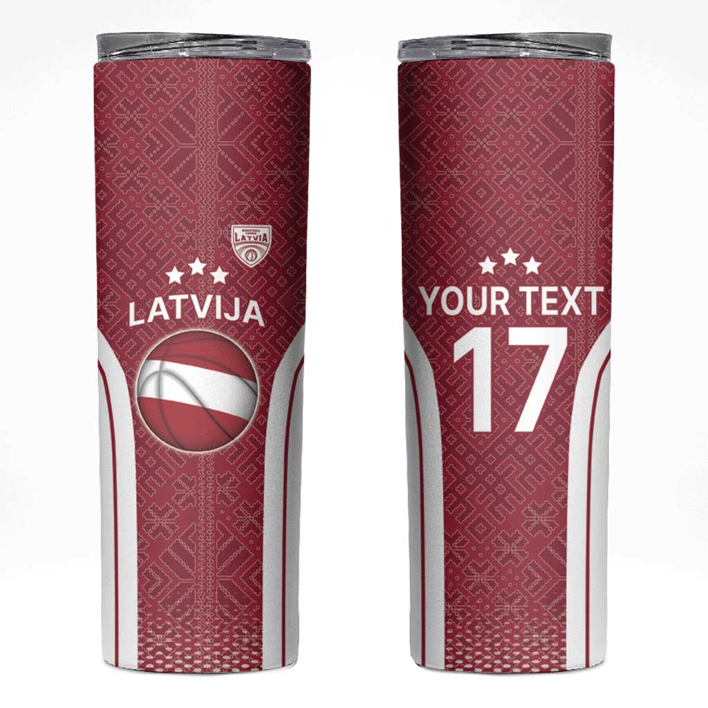 Latvia Basketball Custom Skinny Tumbler Red Latvian Pattern