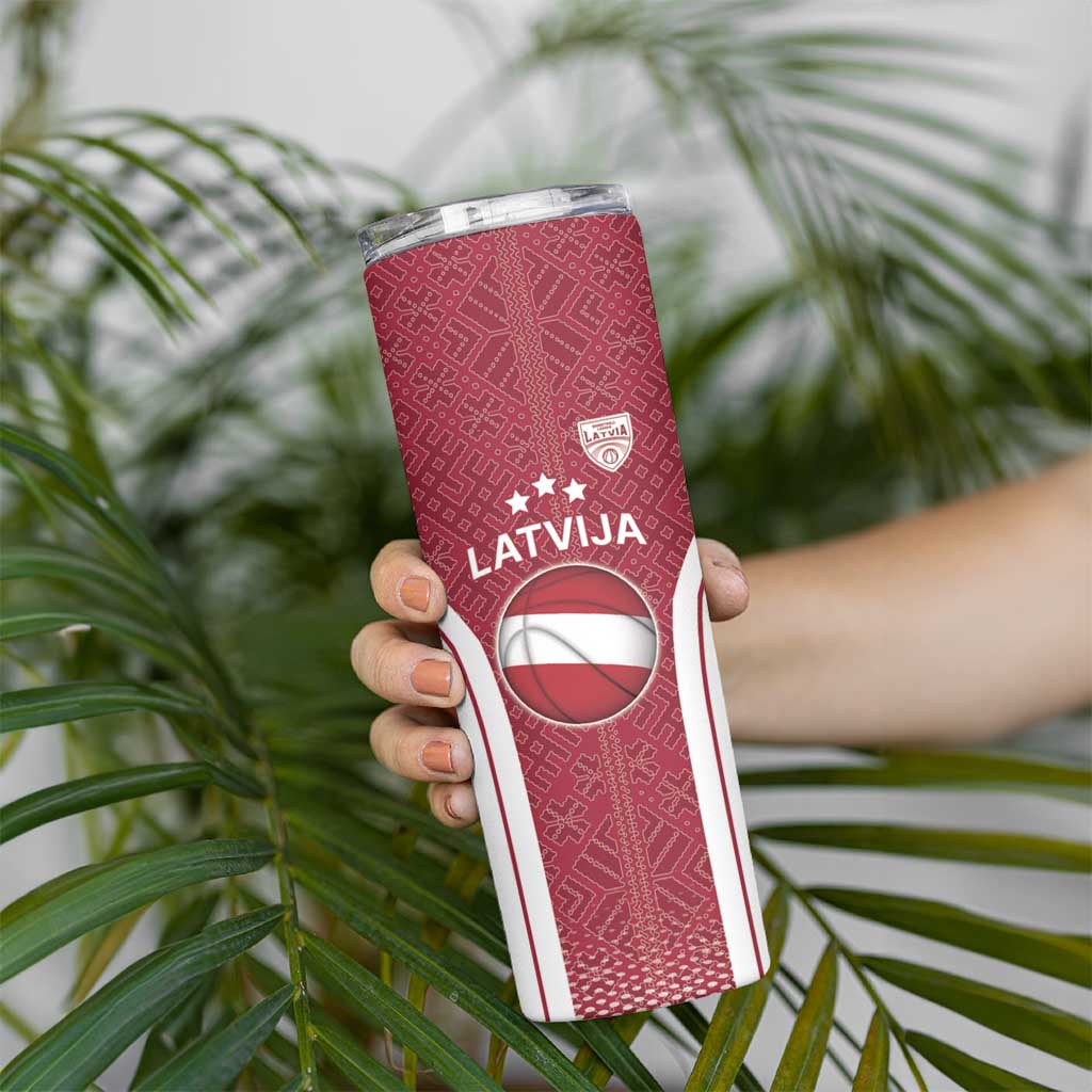 Latvia Basketball Custom Skinny Tumbler Red Latvian Pattern
