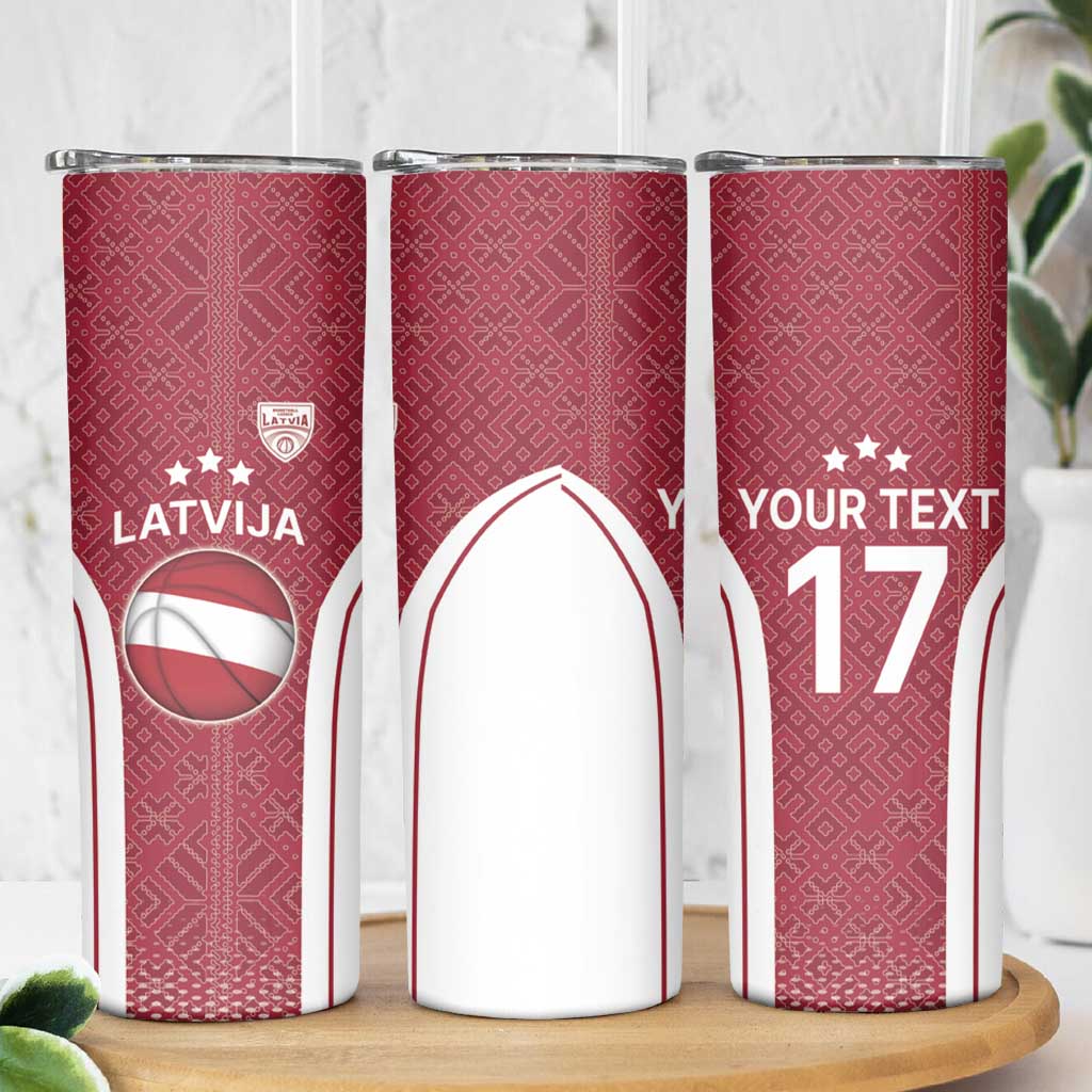 Latvia Basketball Custom Skinny Tumbler Red Latvian Pattern