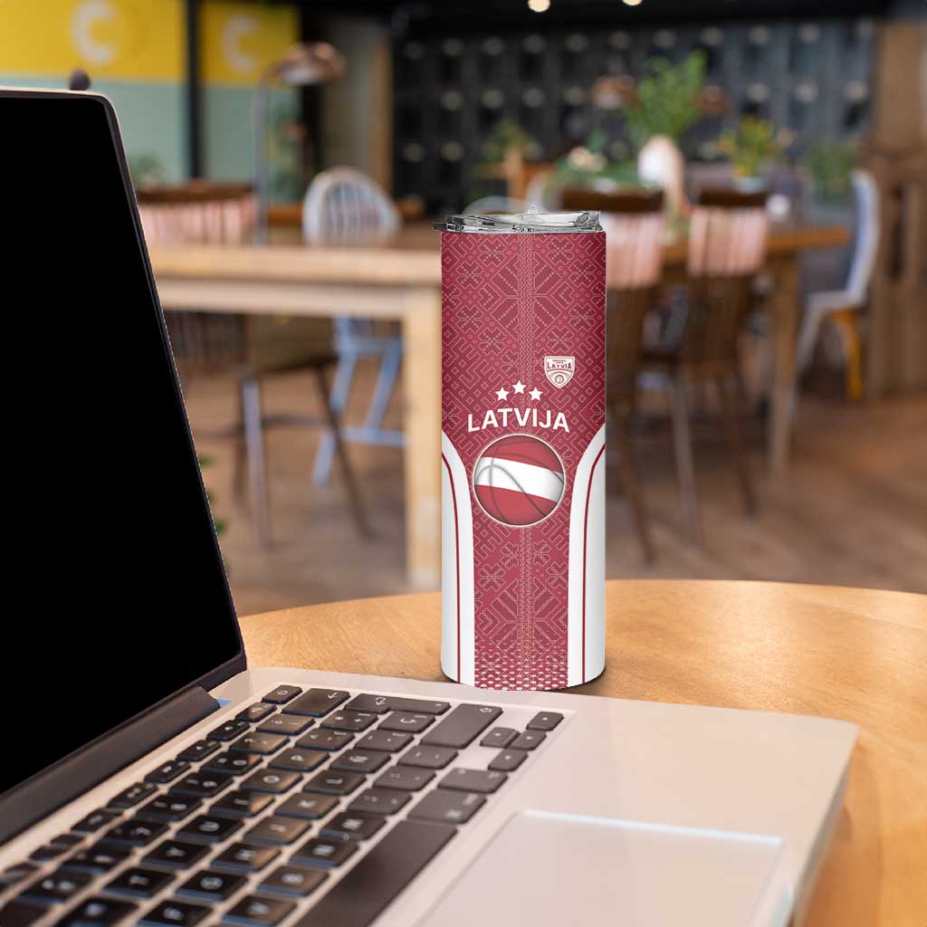 Latvia Basketball Custom Skinny Tumbler Red Latvian Pattern