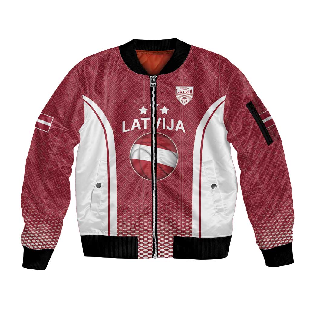 Latvia Basketball Custom Sleeve Zip Bomber Jacket Red Latvian Pattern