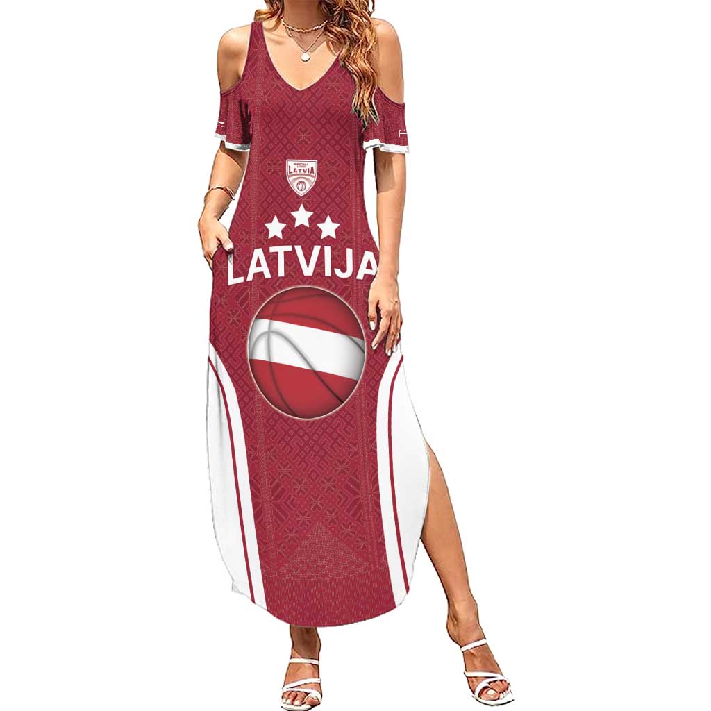 Latvia Basketball Custom Summer Maxi Dress Red Latvian Pattern
