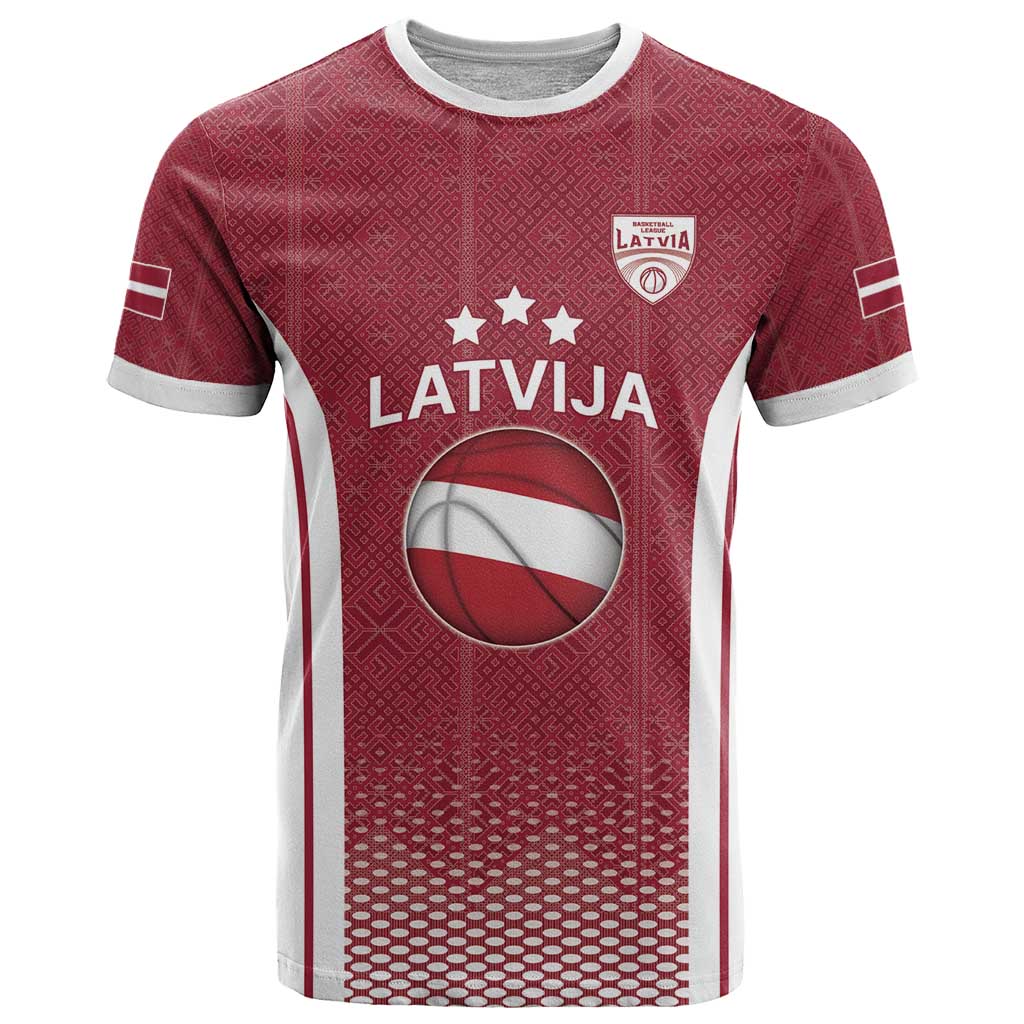 Latvia Basketball Custom T Shirt Red Latvian Pattern