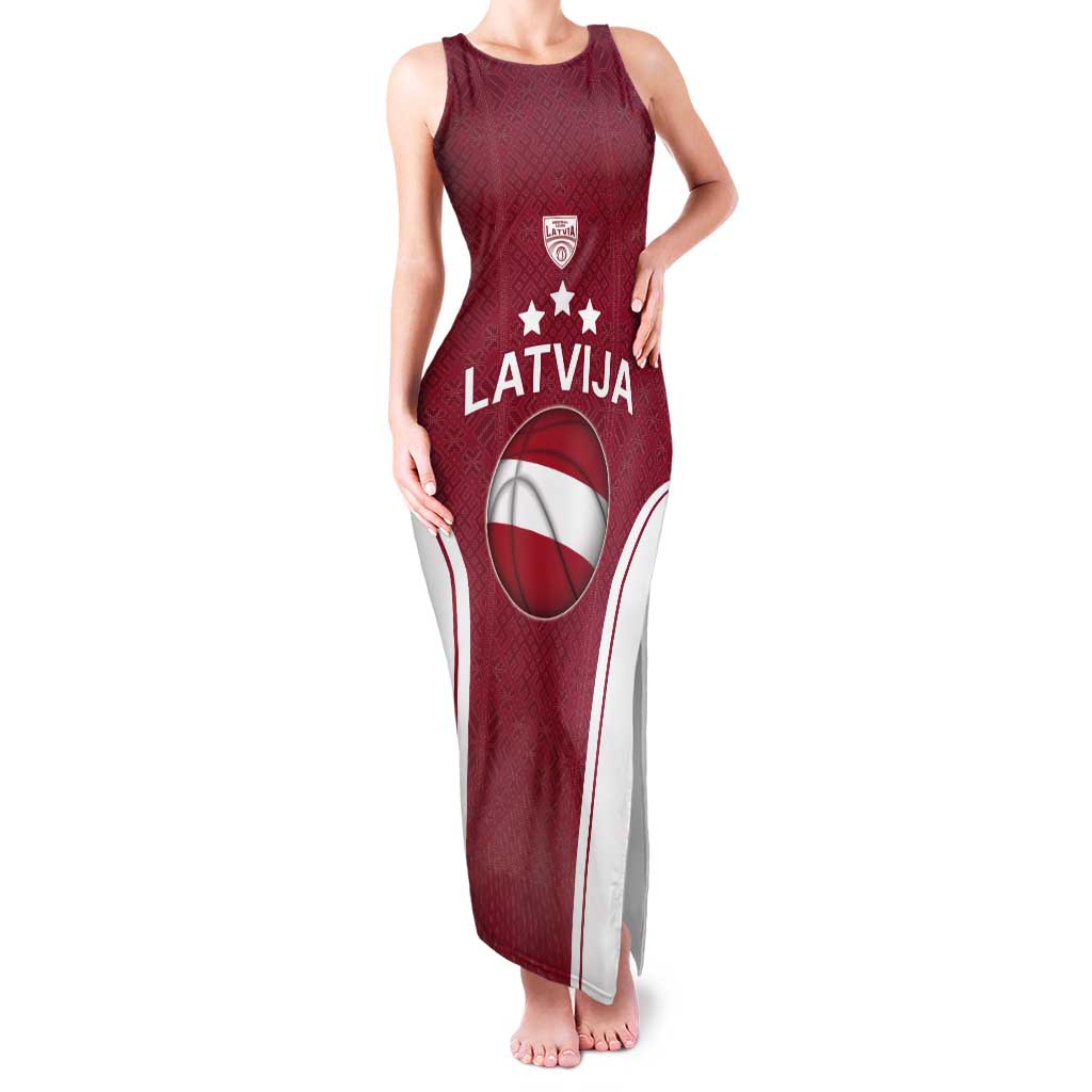 Latvia Basketball Custom Tank Maxi Dress Red Latvian Pattern