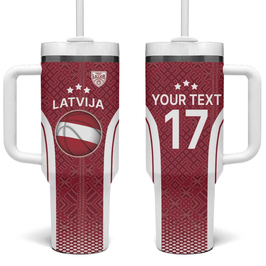 Latvia Basketball Custom Tumbler With Handle Red Latvian Pattern