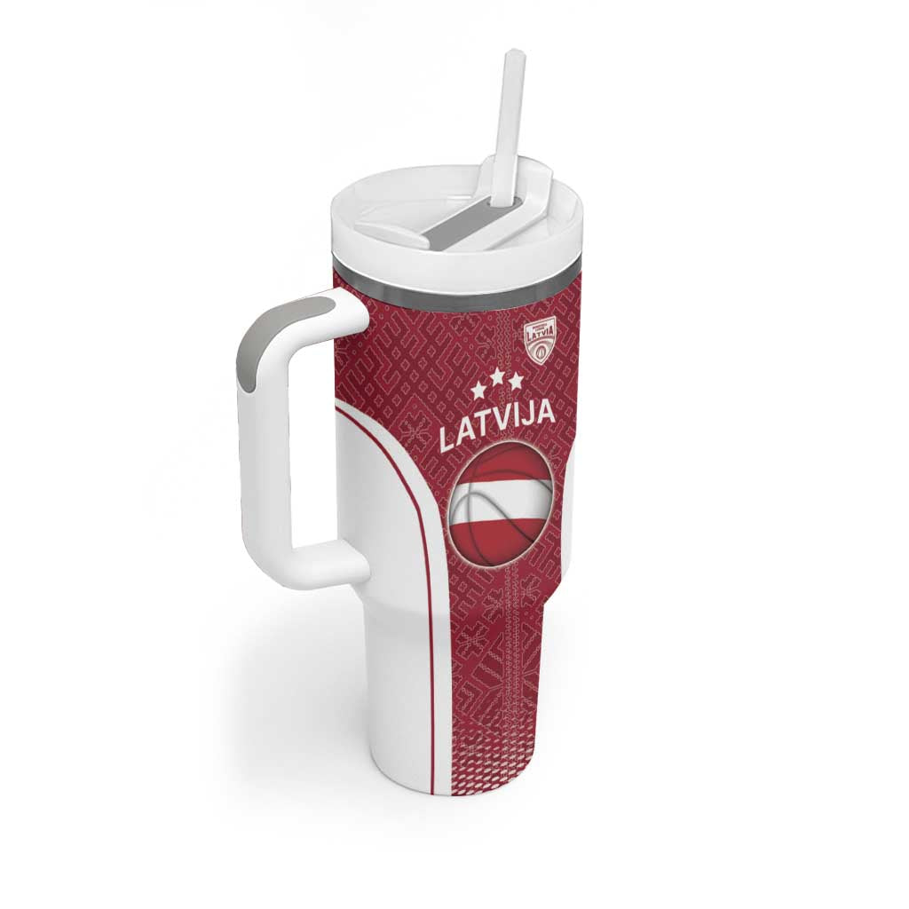 Latvia Basketball Custom Tumbler With Handle Red Latvian Pattern