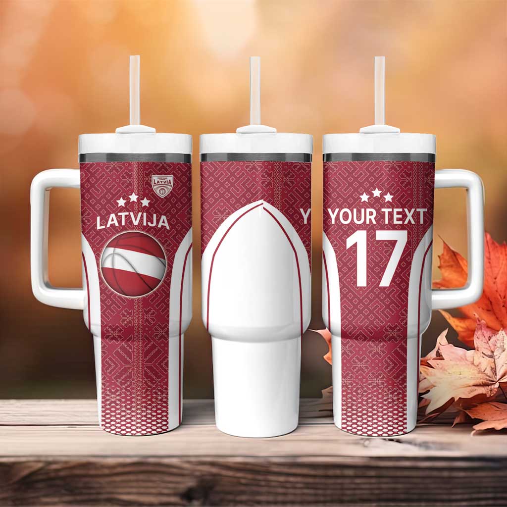 Latvia Basketball Custom Tumbler With Handle Red Latvian Pattern