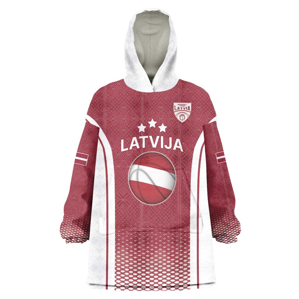 Latvia Basketball Custom Wearable Blanket Hoodie Red Latvian Pattern