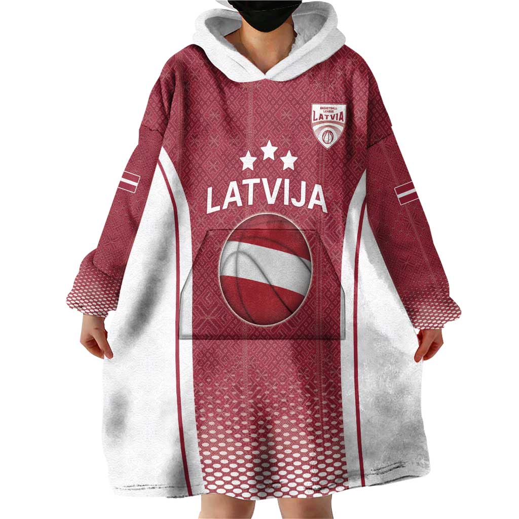 Latvia Basketball Custom Wearable Blanket Hoodie Red Latvian Pattern