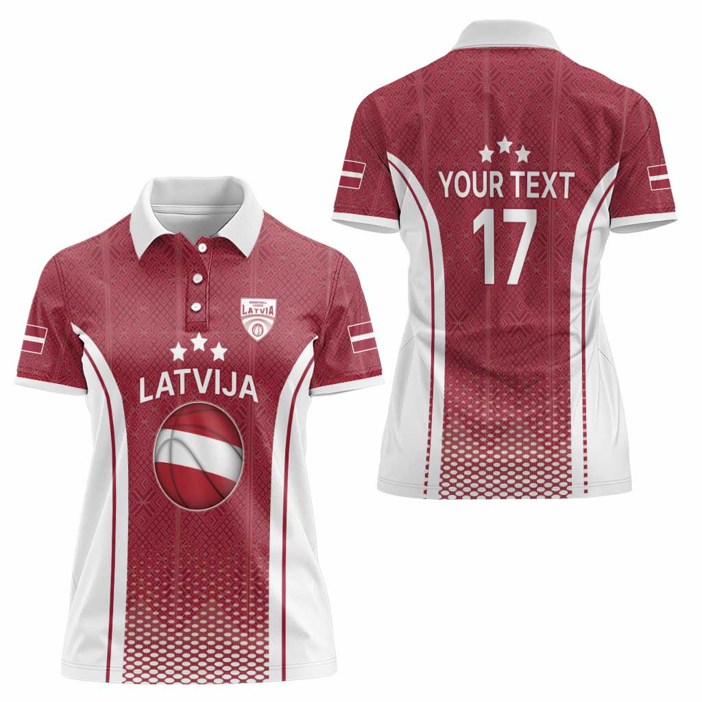 Latvia Basketball Custom Women Polo Shirt Red Latvian Pattern